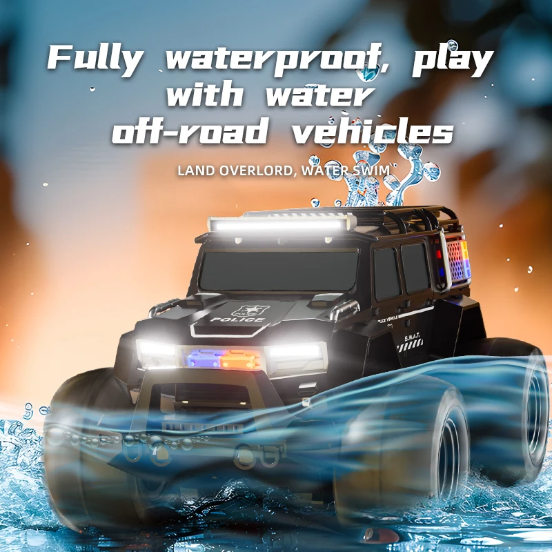Amphibious remote-controlled off-road vehicle, waterproof charging, four-way lighting, police car, children's racing gift