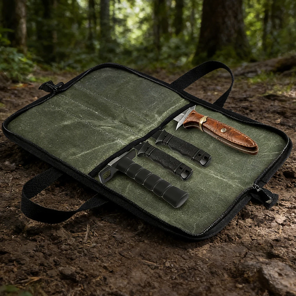 Waxed Canvas Knife Roll Bag Multi Slots Portable Chef Knife Storage Case Tactical Carry Bag Knife Bag for Cooking Camping Tools - view 6