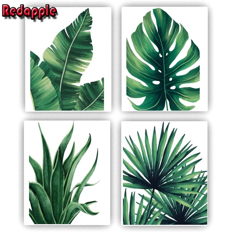 Watercolor painting of tropical plant pictures, full drill embroidery mosaic, Palm banana green leaves Art, 4 PCs