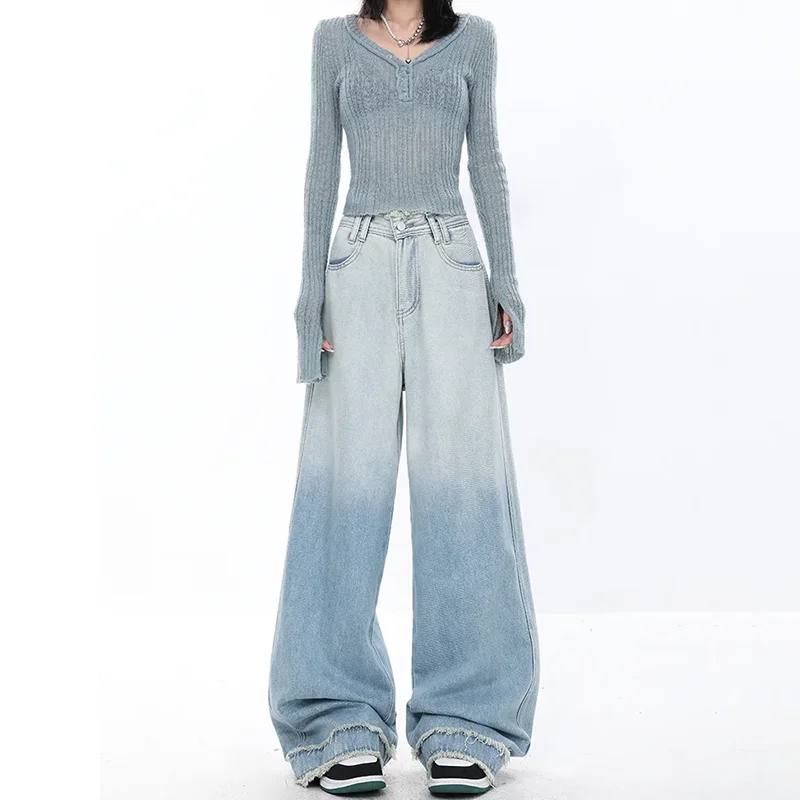 

Summer Thin 2024 New Gradient Blue Straight Leg Jeans Women's Vintage Fur Edge Design Wide Leg Denim Long Pants