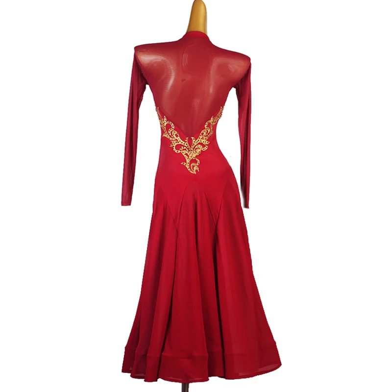 Wine Red Ballroom Dance Competition Dresses Women Decals Dance Suit Waltz Dress Rhinestones Long Sleeves Stage Clothes Standard