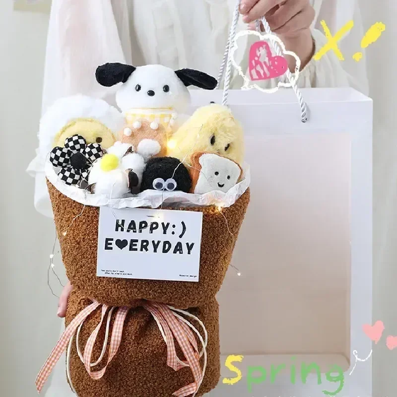 Kawaii Sanrio Bow Knot Pochacco Plush Toy Dolls Bouquet Flower Cartoon Girls Creative Valentine's Day Graduation New Year Gifts