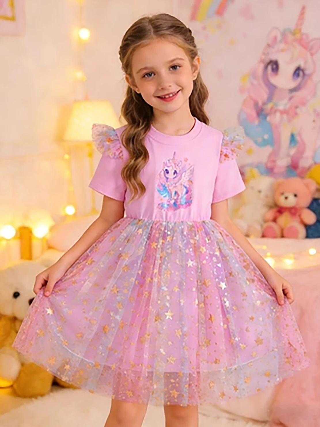 Little Girls' Unicorn Star Tulle Princess Dress, Summer Sequin Short-Sleeve Dress