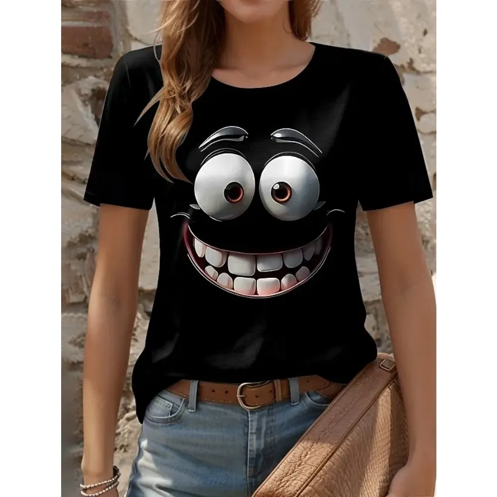 

3D Printed Fun Expression Pattern Women's T-shirt Summer Casual Round Neck Top Short Sleeve Loose T-shirt Daily Short Sleeve
