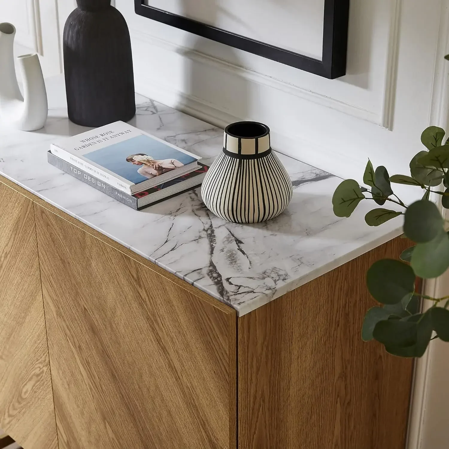 Media Console with Storage, Wine Cabinet for Kitchen, Living Room, Entryway, Oak, Gold Metal Legs