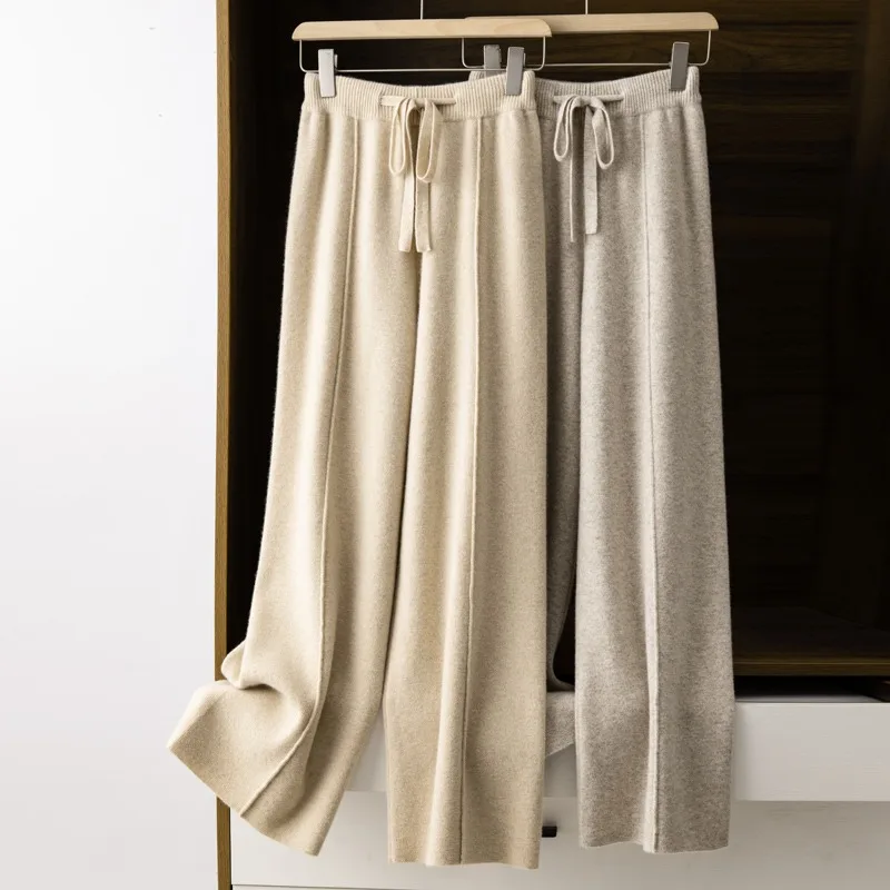 New Arrival Women High Waist Wide Leg Pants For Autumn Winter Thick Warm Solid Basic Casual Trousers 100% Merino Wool Knitwear