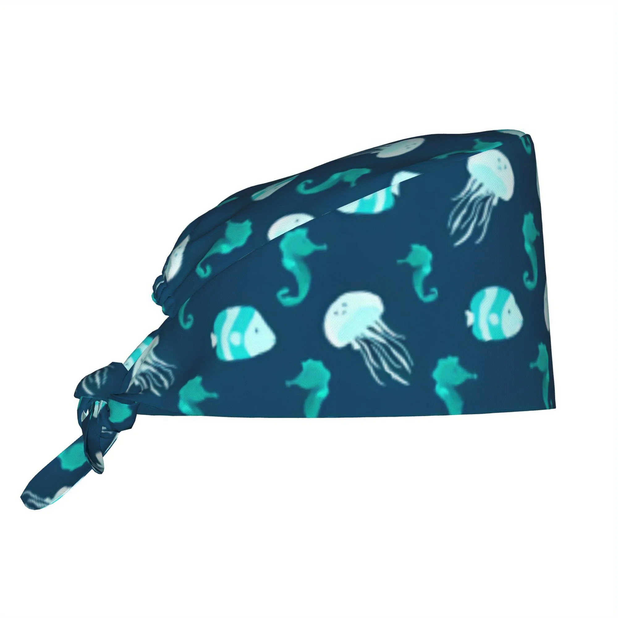 1pc Women'S Jellyfish & Shell Print Work Cap - Adjustable, Lightweight Skull Hat with Tie-Back Design, Dustproof Nurse Hat for H