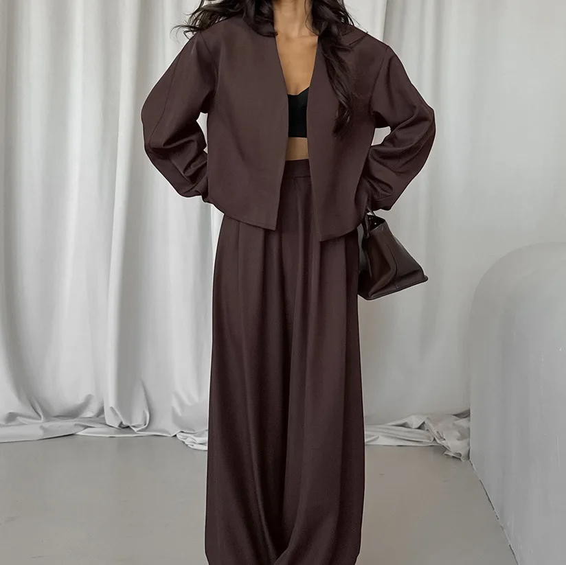 

2025 Fashion Women's Autumn Trousers Suit Solid V-Neck Long Sleeve Cardigan Wide Leg Pants Two-piece Set Fashion Casual Outfits