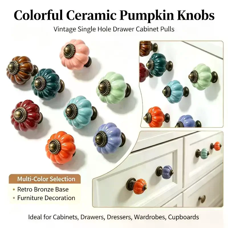 1Pcs European Style Vintage Cabinet Knob Simple Single Hole Ceramic Pumpkin Handle Round Door Pull
