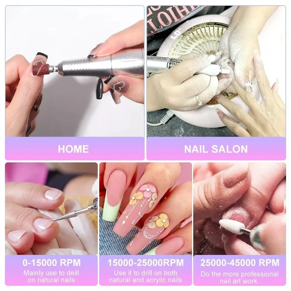 Professional Electric Nail Drill Machine 45000RPM Rechargeable Nail Sander File Portable Low Noise Manicure Salon Tool