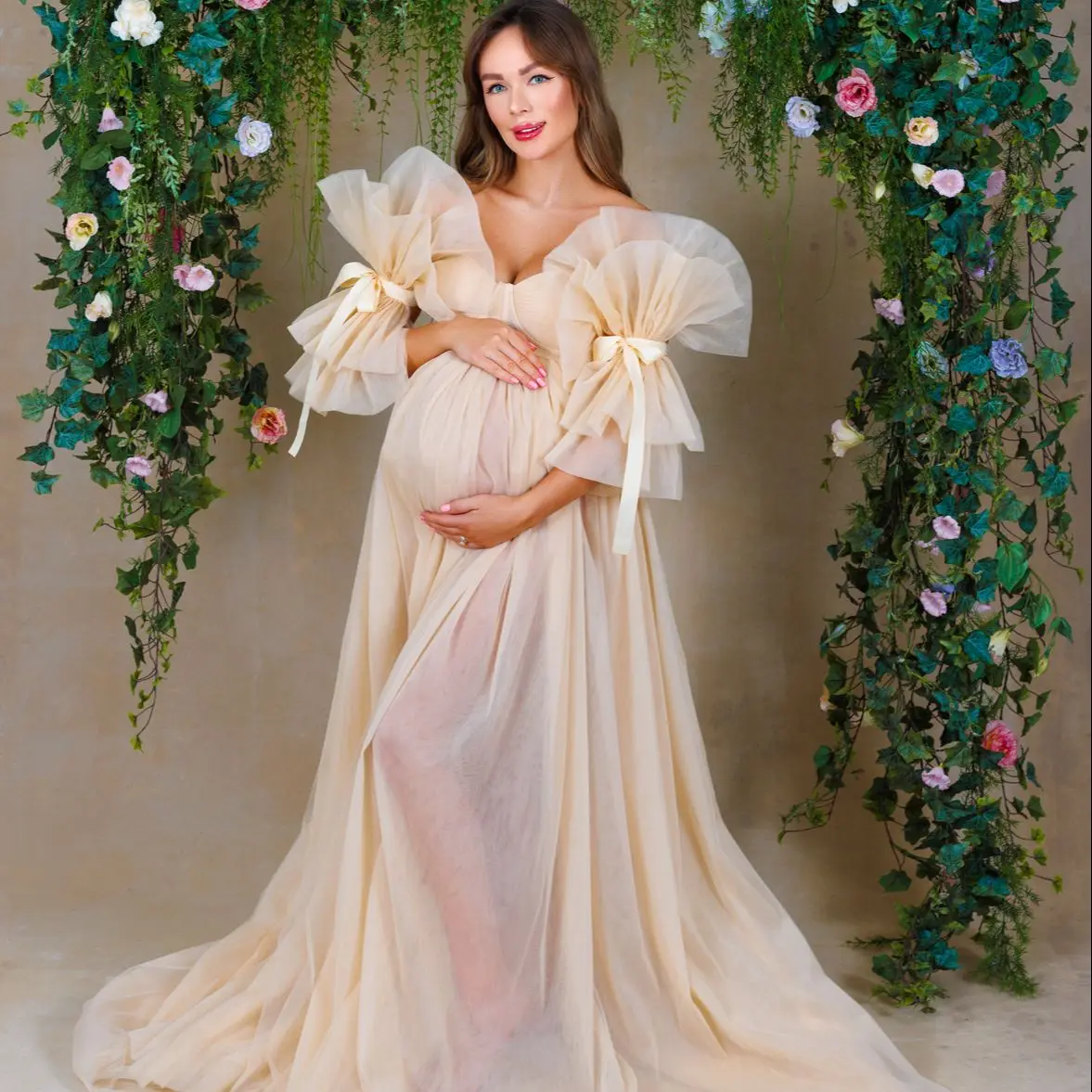 

Ruffle Puff Sleeve Maternity Dresses Boho Floor Length Prom Gown Sweetheart Tulle Photoshoot Boudoir Lingerie