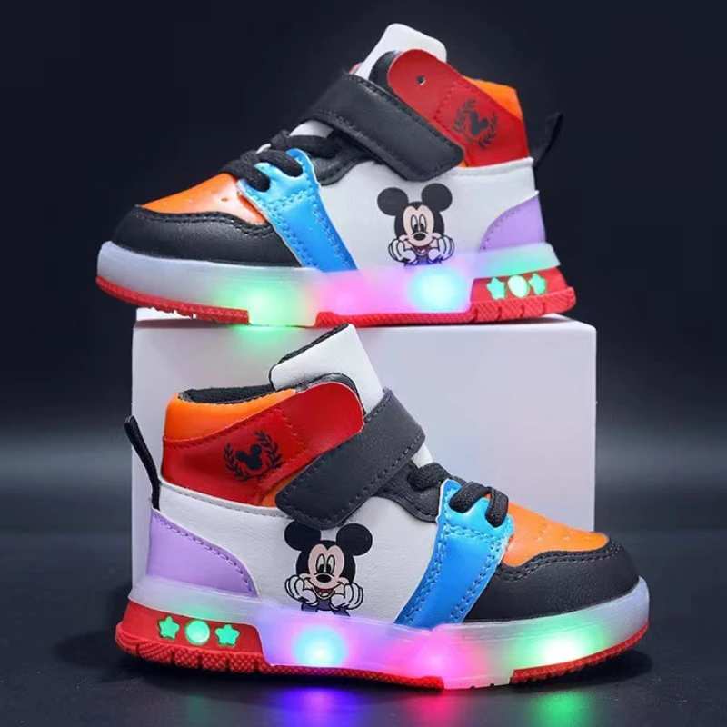 Disney Children's Sneakers Boys Girls Mickey Led Light Sport Shoes Student Shoes Hook Anti-slip Kids Outdoor Shoes Basket Shoes