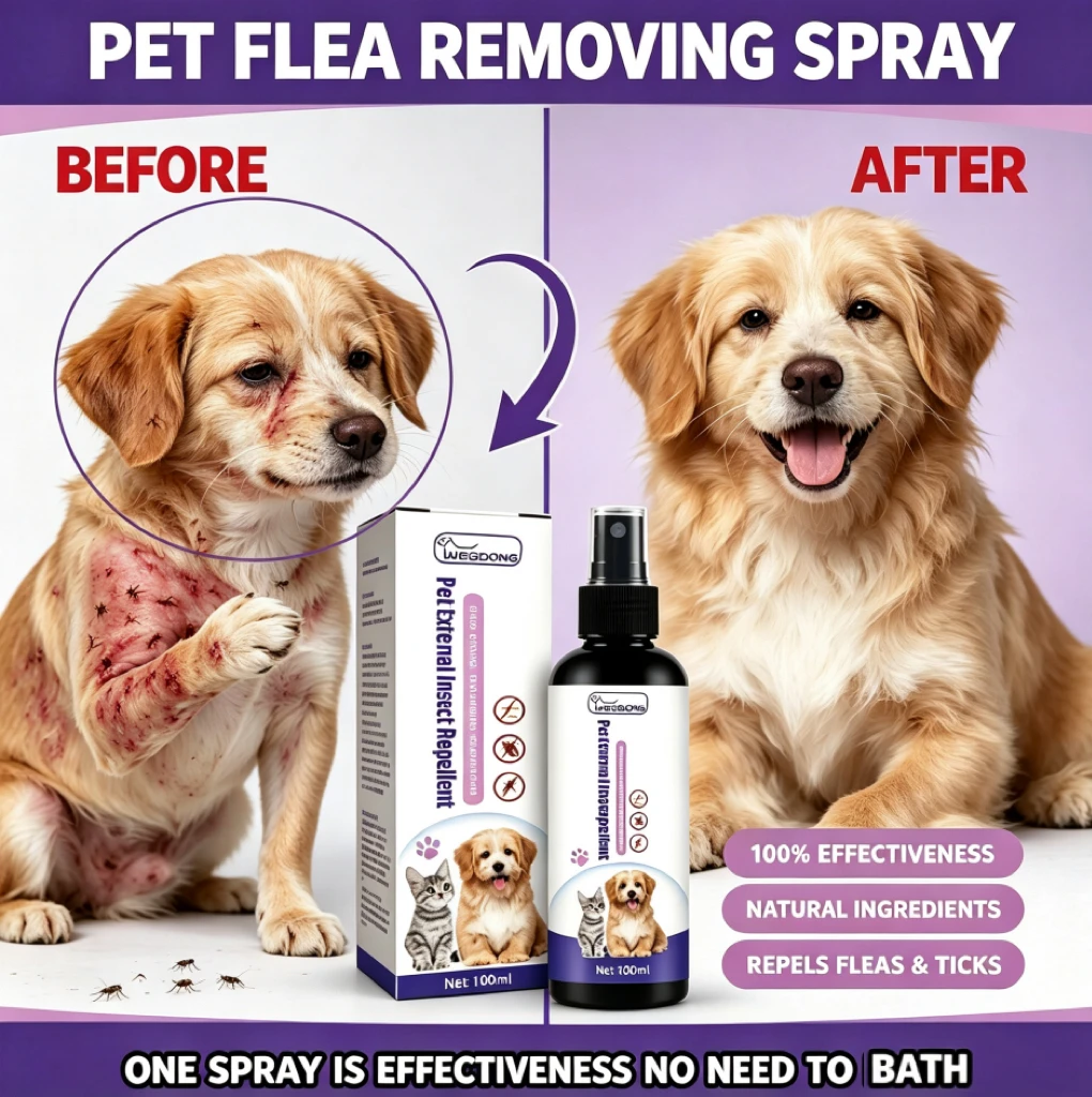 Pet Flea Remover Spray for Dogs & Cats, Skin Cleaning, External Lice Repellent, Tick Relief Spray