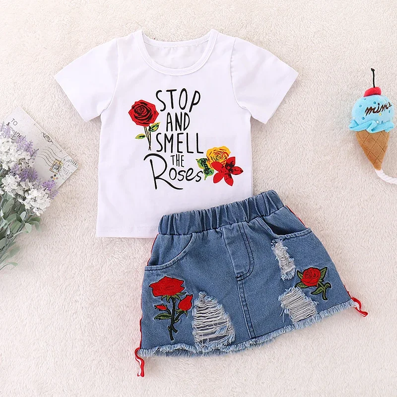 

Children's Flower Print Top & Denim Skirt Set - Toddler Summer Outfits