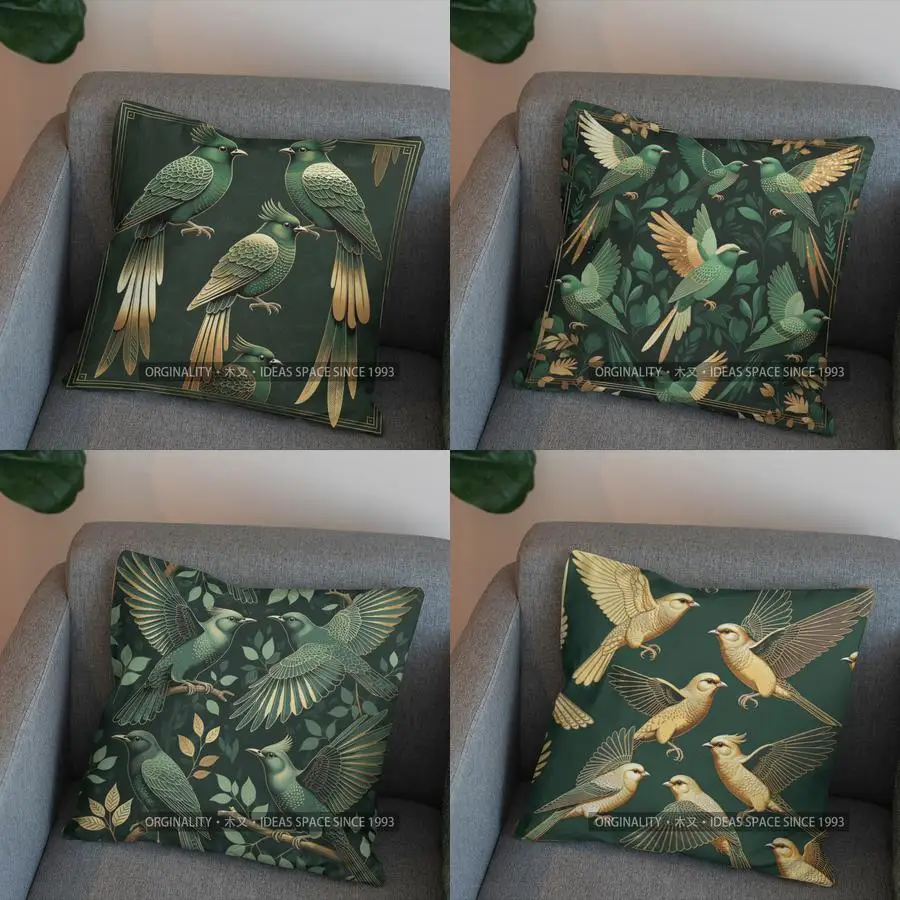 2D Exquisite Green Birds Pattern Throw Pillow Pattern Cushion Cover Suitable For Sofa Bedroom Car Pillow Cover