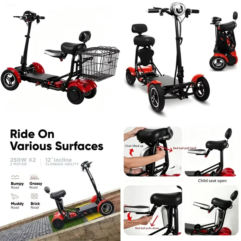 STROVAN Foldable 4-Wheel Family Commuter Trike Lightweight For 2 Adults With Baby Seat 10 Inch Wheels CE Certified EU