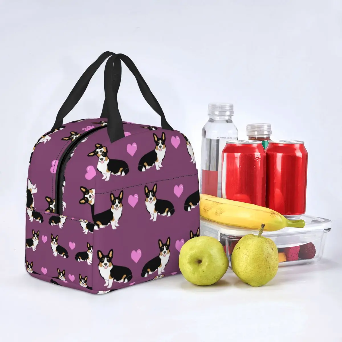 

Lunch Bag for Women Kids Tricolored Corgi Dog Hearts Insulated Cooler Portable Picnic Animal Oxford Lunch Box Handbags