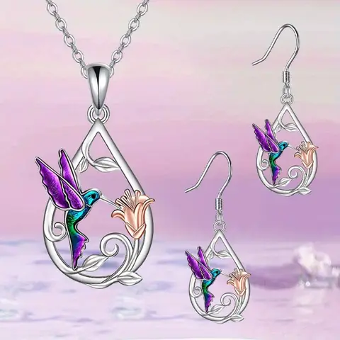 3 cute hummingbird drop pendant necklace earrings set flower decoration birthday holiday gift