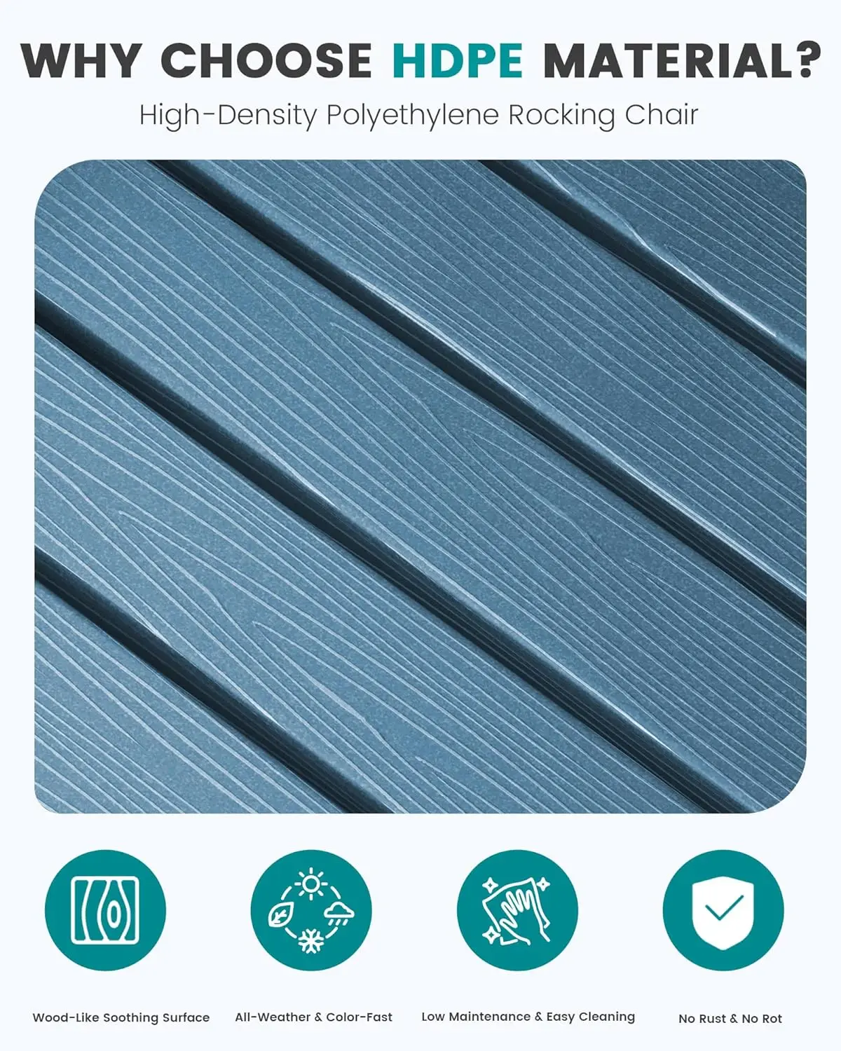 Krzesło bujane HDPE na każdą pogodę, do użytku na balkonie, podwórzu, patio - wytrzymałe krzesło bujane na werandę w kolorze niebieskim