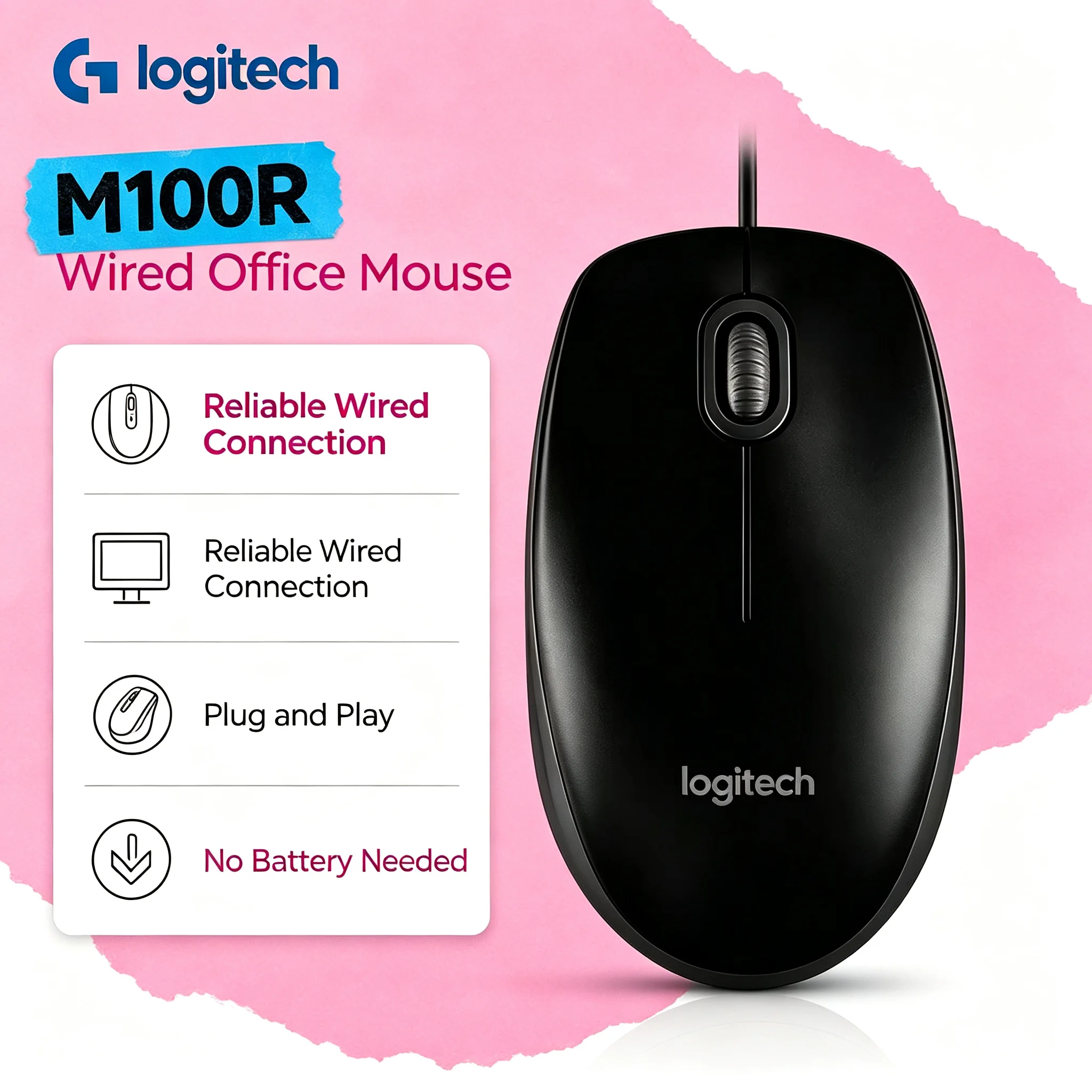 Logitech M100R Wired Mouse Plug and Play USB Optical Mice for Student Home Computer