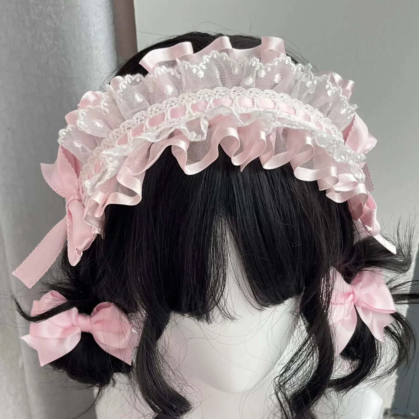 스위트 핑크 화이트 레이스 Bowknot 머리 장식 애니메이션 메이드 코스프레 카와이 머리띠 로리타 손으로 만든 헤어 클립 여성용 헤어 액세서리