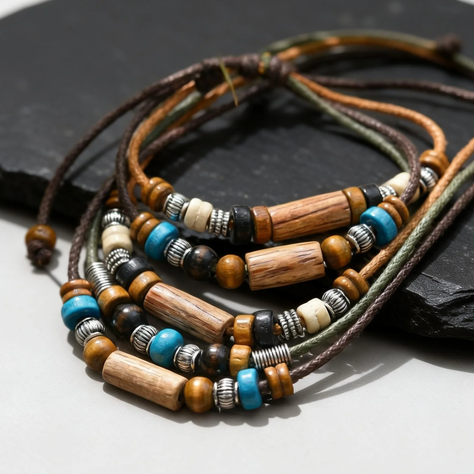 Vintage Holzperlen-Lederkette für Männer, 2-teiliges Set Mehrschichtiges Geflochtenes Halsband-Armband Schmuckset Geschenk – Detail 5