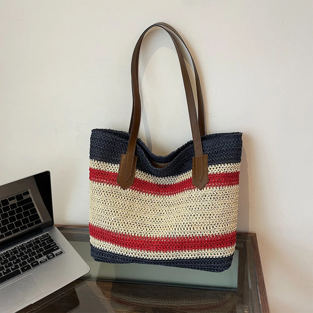 Straw Shoulder Bag for Women Large Capacity Summer Beach Bag Zipper Tote Bag Crossbody Bag for Travel Holiday Shopping