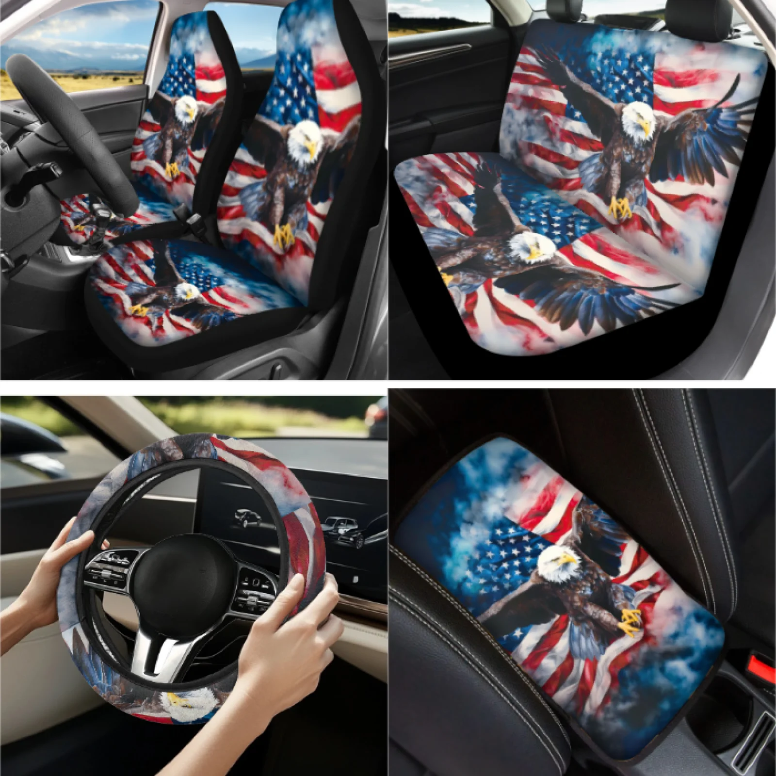 Coloranimal Flag Eagle Print Set of 13 Automobile Interior Sets with Comfortable Seat Belt Pads and Key Chain for Auto Interior