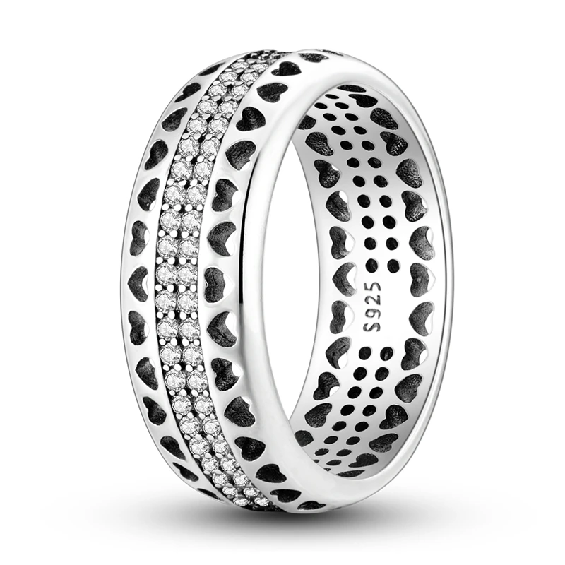 Original 925 Sterling Silver Ring Sparkling Heart Shaped Pave Wide Rings For Women Girls Jewelry Birthday Anniversary Gifts