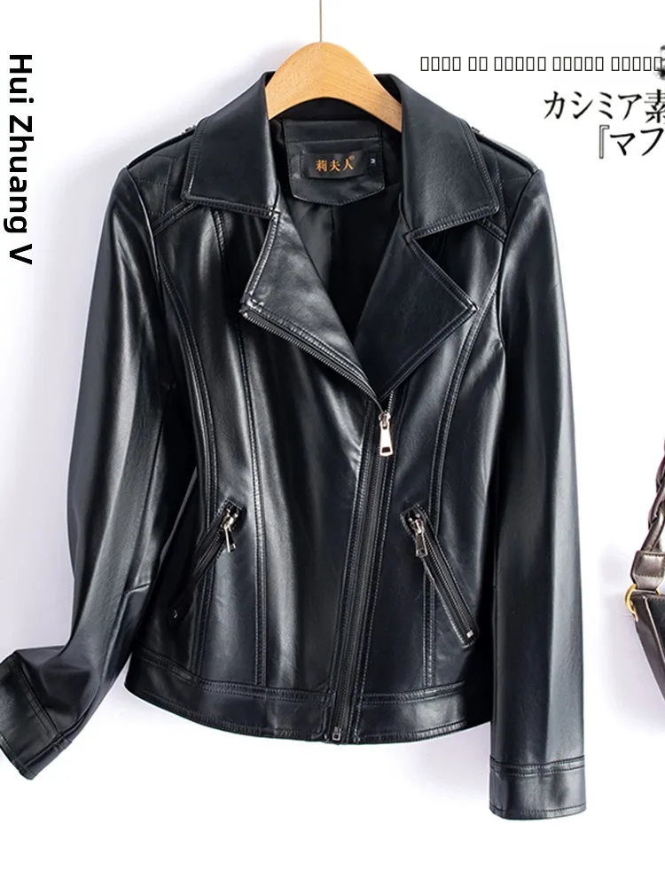  Ning Genuine Leather Jaet Women's ort Sle Casual Motorcycle Leather Coat Spring Autumn Zipper Long Sve Slim Fit