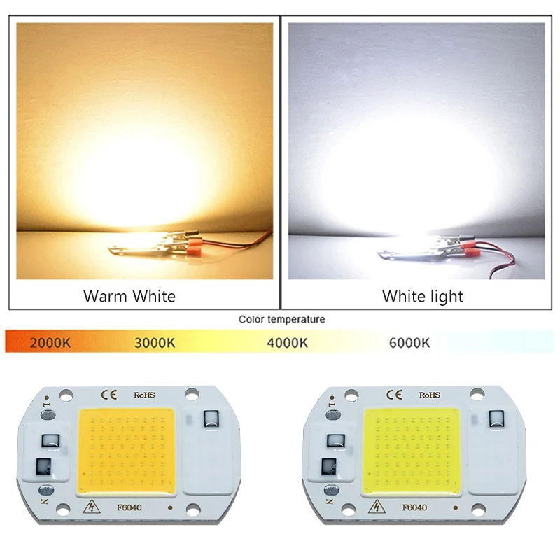 Perle de puce LED COB, 3000K, 6000K, 20W, 30W, 50W, AC 110V, 220V, IC intelligent, pas besoin de pilote, budgétaire d'ampoule LED bricolage, lampe extérieure