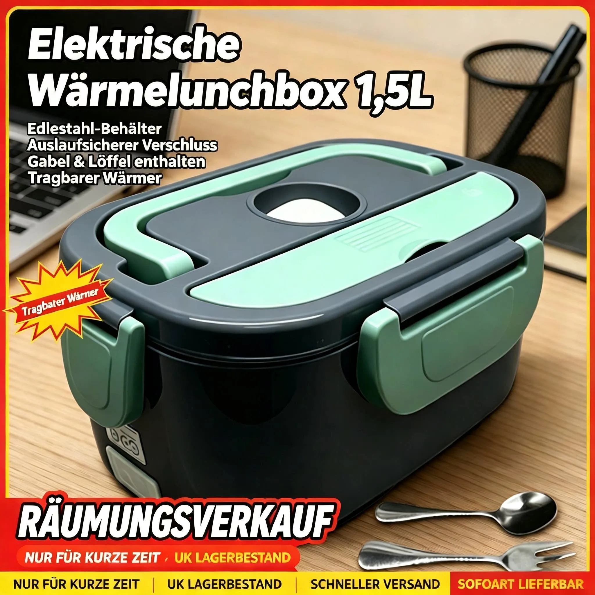 Praktische elektrische beheizte Lunchbox 1.5L aus Edelstahl mit auslaufsicherem Verschluss und Besteck isoliert tragbar ideal für Büro Zuhause und Reise