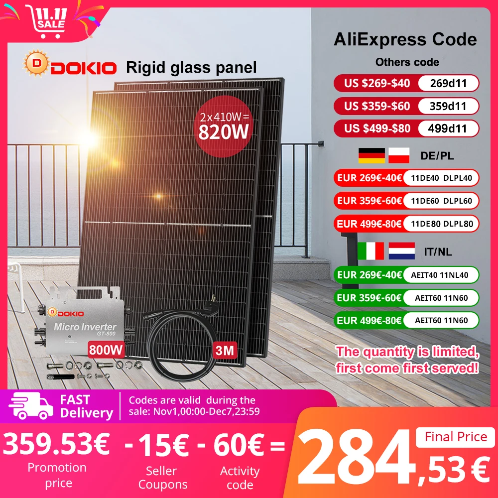 DOKIO 800W Waterproof Solar Panel, 800W Inverter, Balcony Power Station, Complete System, Plug and Play, Special for Home Grid