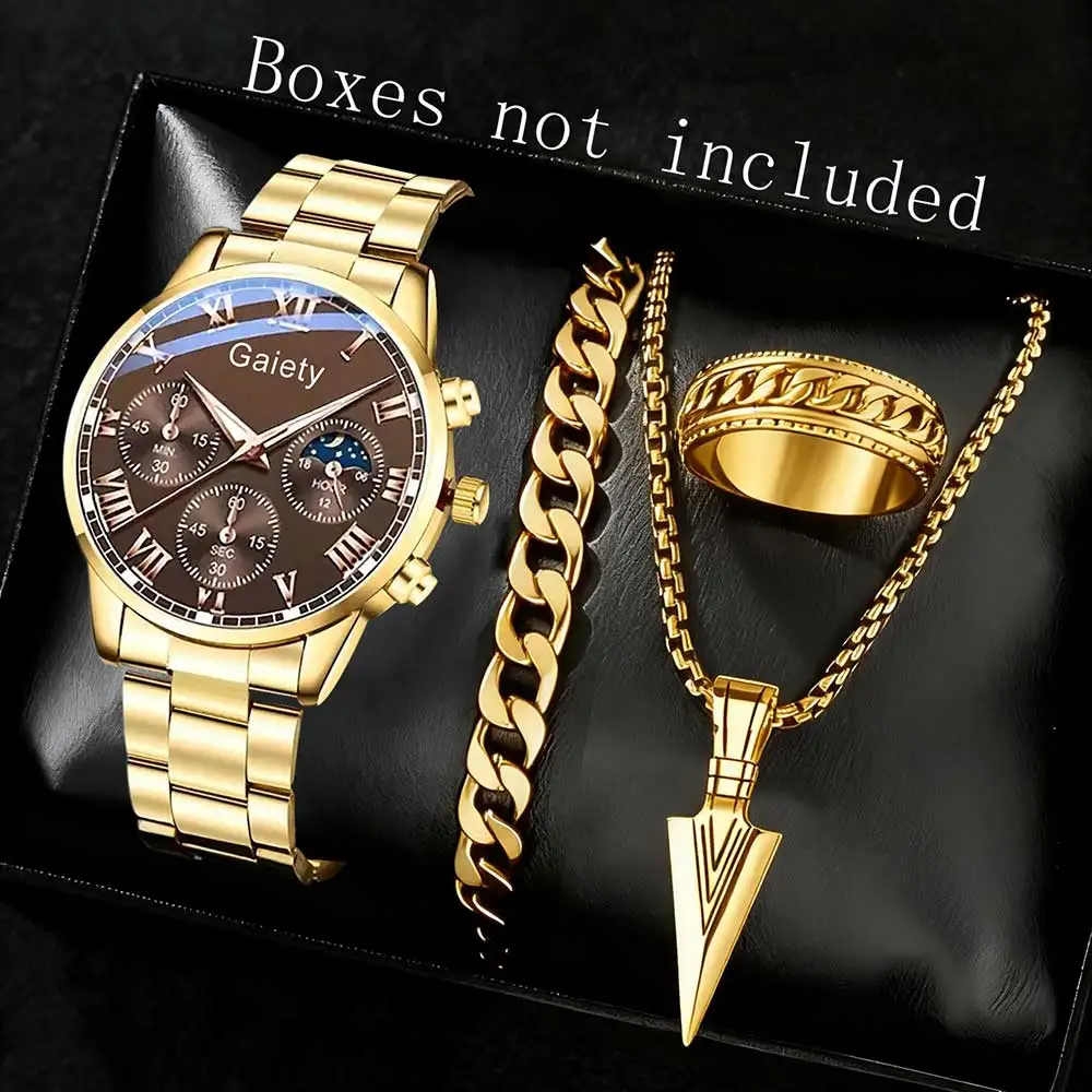 2/4PCS Men's Watch Set Fashion Trend Classic Roman Digital Scale Quartz Watch Jewelry Set Suitable for Daily Clothing Matching