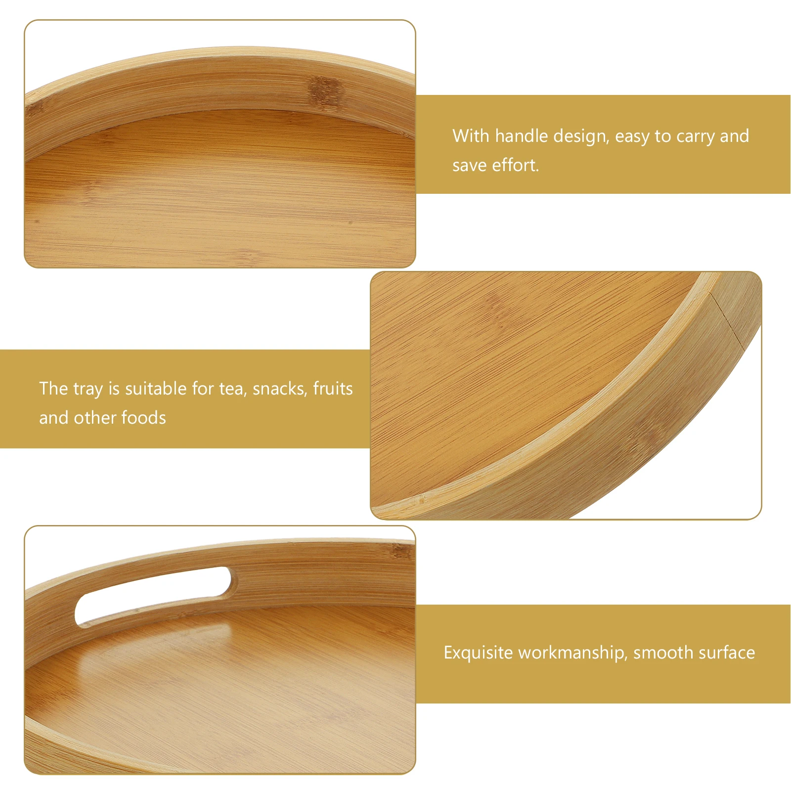 

Round Handled Tea Tray 30x30x4 Portable Bamboo Food Plate Snack Organizer Server Dessert Display Large Capacity