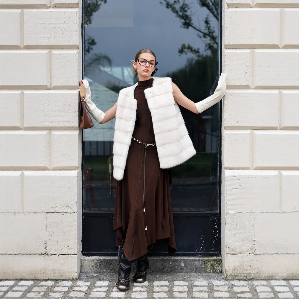 جديد الشتاء النساء فرو منك سترة أنيقة الجولة الرقبة واحدة الصدر الإناث ايكو الفراء سترة منقوشة جيوب سيدة تقليد معطف الفرو #5