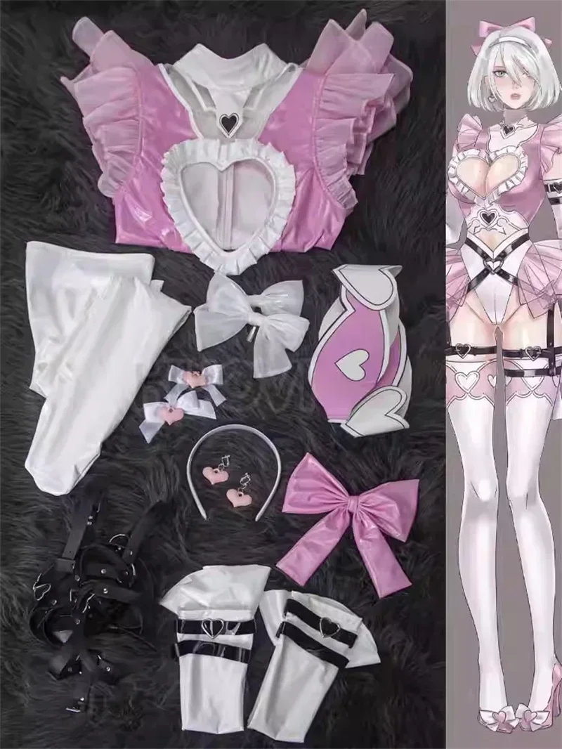 NieR: Automata DOLL 2B أزياء تنكرية لعيد الحب كوس خادمة الوردي PU Pleather بيبي دول ارتداءها خادمة الزي تنورة مفتوحة الصدر بيكيني #5
