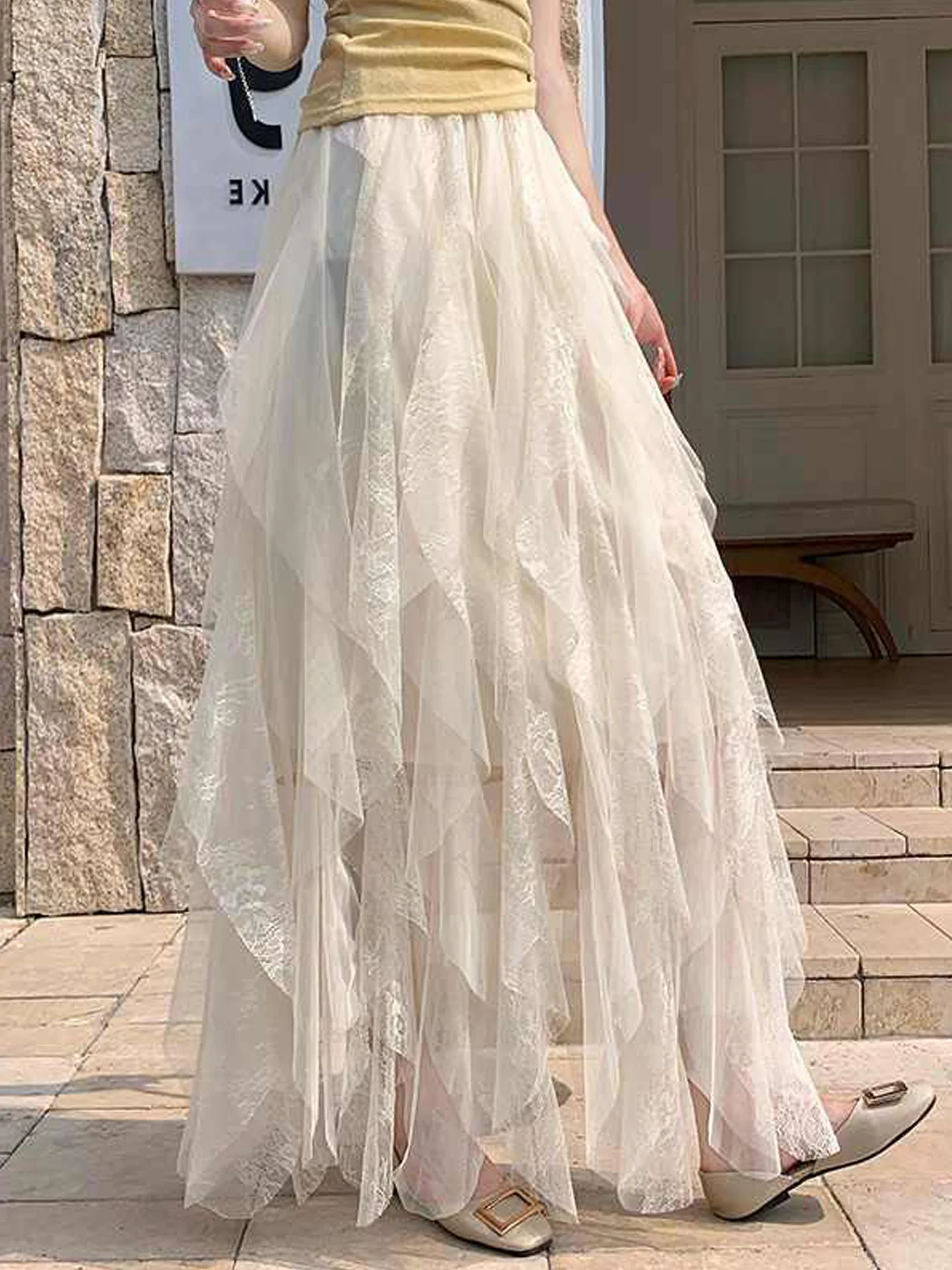 

Elegant High Waist Mesh Half Skirt Women's Fashion Summer New Style Puffy Cake Long Skirt Korean Style Commute Polyester Fiber
