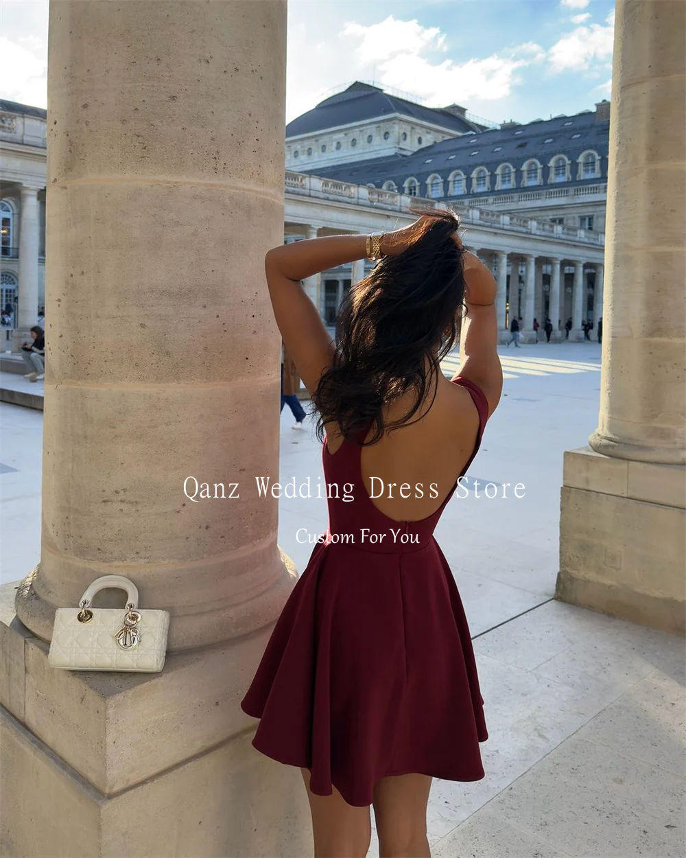 Qanz Elegant Burgundy Satin Prom Dresses Short A Line Backless Dress Women Elegant Party Mini Gala Jurken Dames Customized