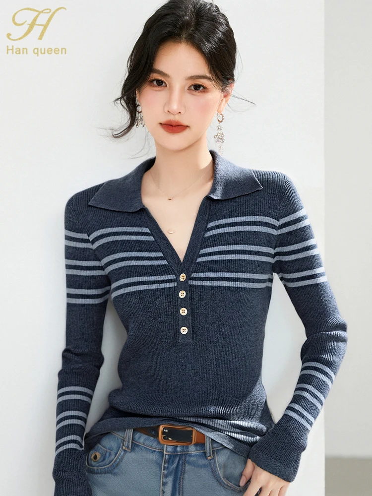 

H Han Queen Elegant Stripes Sweater Fashion Simple Basic Long Sleeve Tops Knitwear Korean Elastic Knit Pullovers Women Clothes