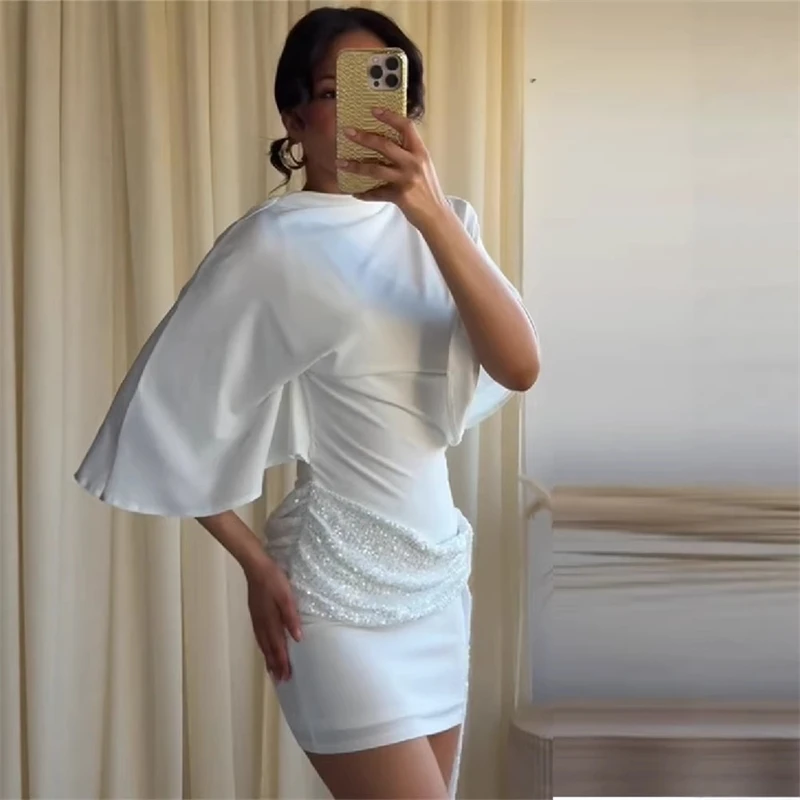 

White Round Neck Mid Sleeved Backless Mini Dress Sequin Ribbon Waist Cinching Lace Up Dresses 2026 Lady Elegant Party Vestidos