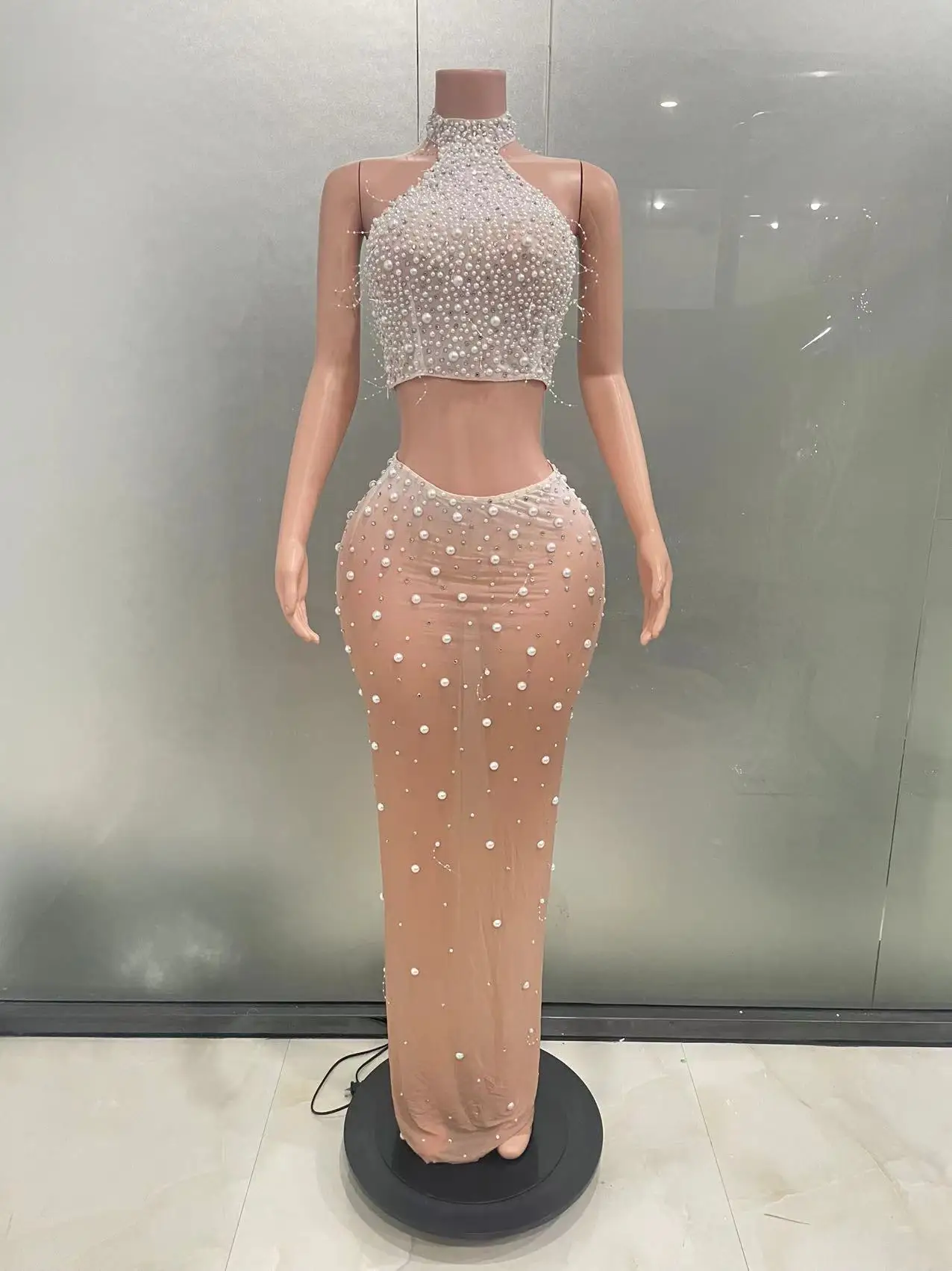 

STOCK Fashion Women Sexy Off the Pearl Beading 2 Pieces Bodycon Long Dress Mesh See Through Nightclub Party Celebrate Dress