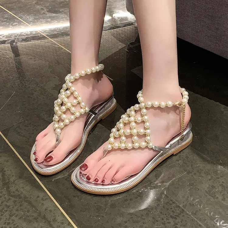 Beaded Clip Toe Women Sandals Beach Flip Flops Shoes Summer Dress Slippers Designer 2024 New Casual Mid Heels Pumps Mujer Slides