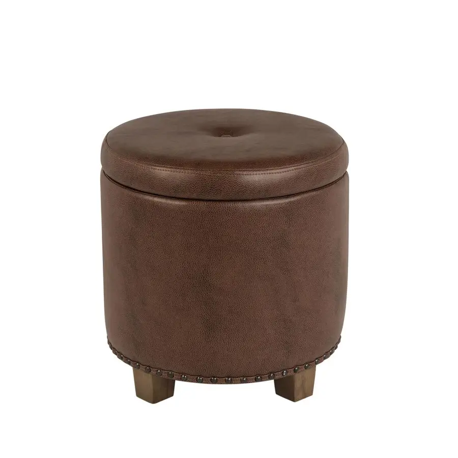 

Home Decor Upholstered Round Storage Ottoman with Nailheads Ottoman with Storage for Living Room Bedroom, Brown Faux Leather