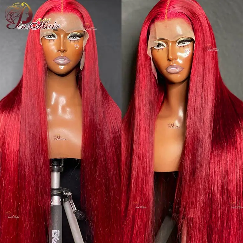 Perruque Lace Front Wig naturelle lisse rouge bordeaux 99J, cheveux humains, 13x6, pre-plucked, pour femmes