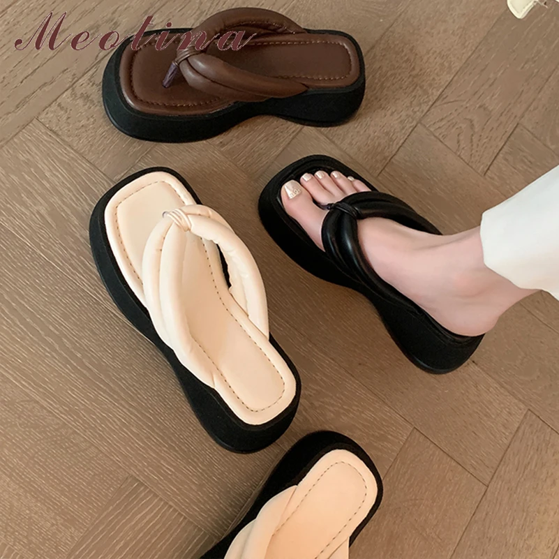 

Meotina Women Flip Flop Slides Round Toe Wedges High Heels Sandals Platform Slippers Ladies Fashion Shoes Summer Beige Brown 40