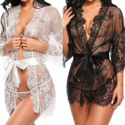 Plus Size 2XL Women Robe Lace Babydoll with G-strings Sexy Lingerie Sheer Nightgown Sleepwear Transparent V-Neck Erotic Costume