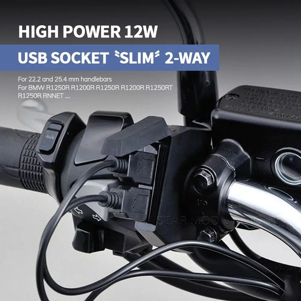 Motorcycle Dual USB Charger Plug Socket Adapter For BMW R1250R R1200R R1250RS R1200RS R1250RT R1200RT RNINET 22-25mm Handlebars