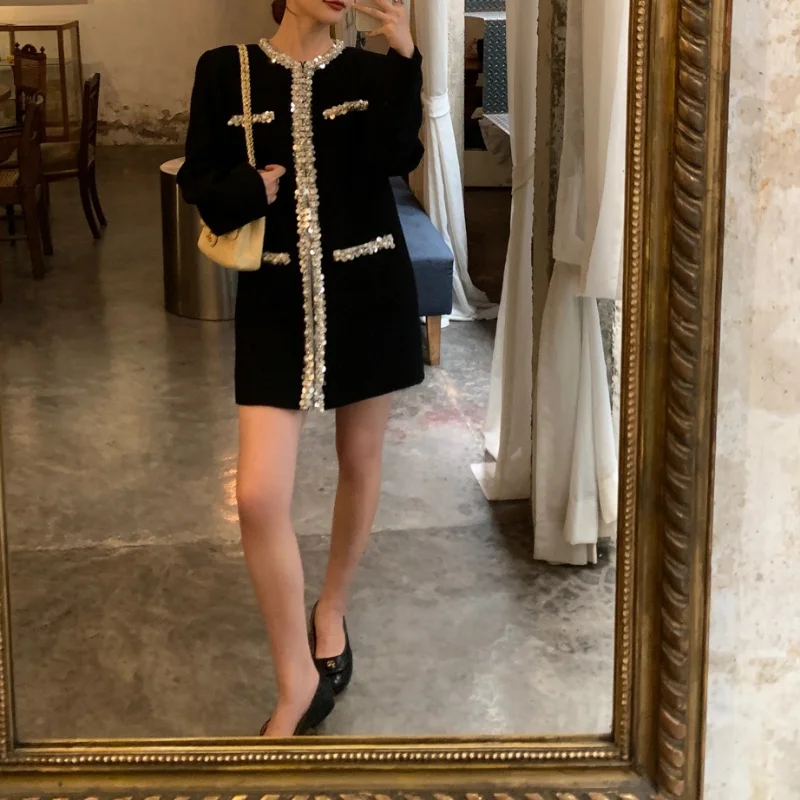 Women Spring French Small Fragrance Black Dress High Quality Long Sleeve O Neck Beaded Sequins Fashion Elegant Tweed Short Dress