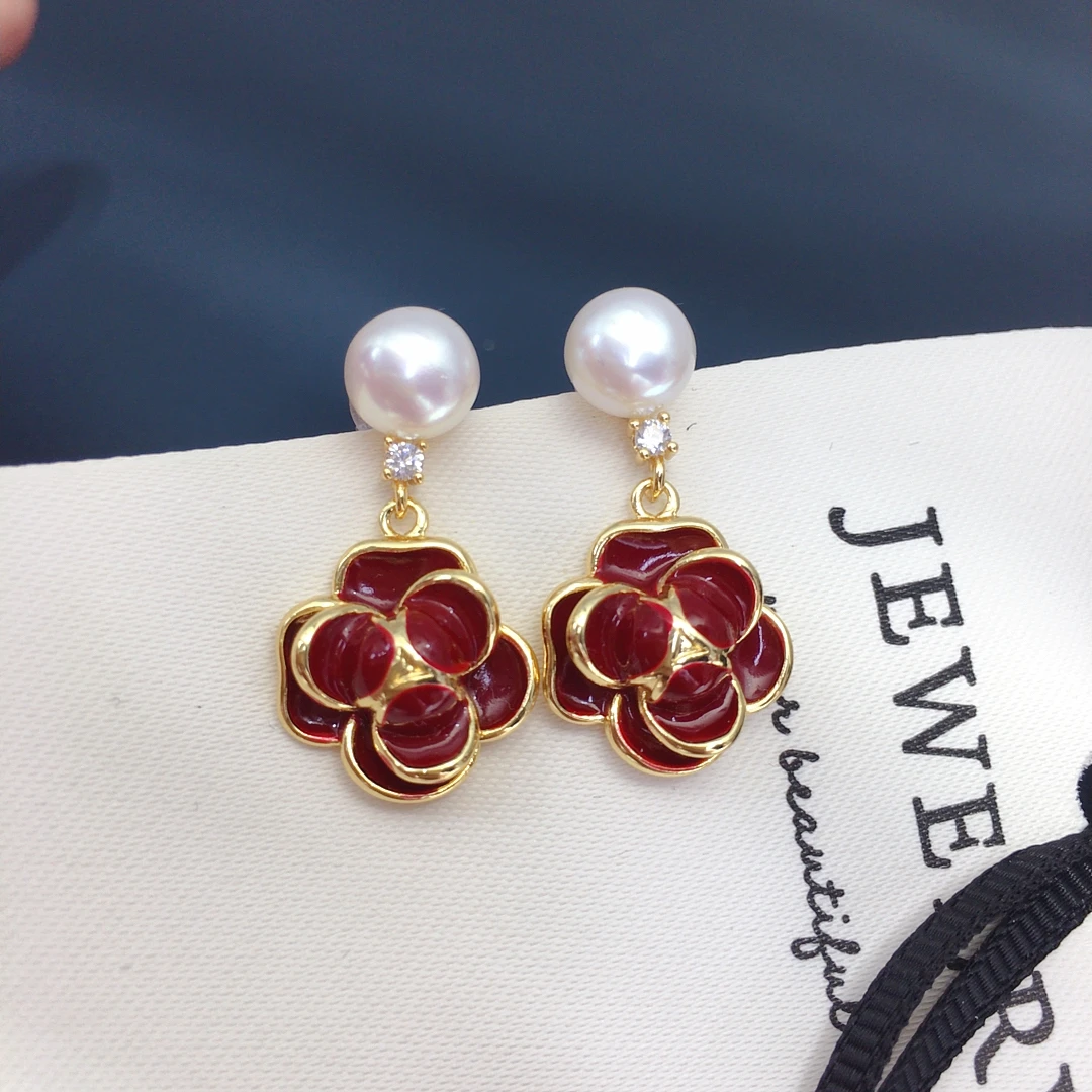 

ZHBORUINI серьги с пресноводным жемчугом для женщин 7-7,5 мм, симметричные красные камелии Sinensis, китайский стиль, ретро, модные ювелирные изделия, подарок